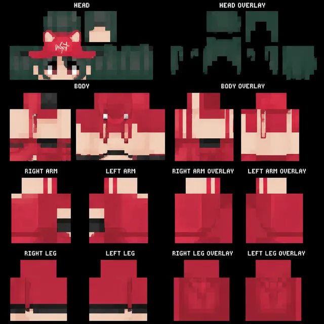 Minecraft skin template with red hoodie, joggers, and a cat‑eared red cap over dark hair.
