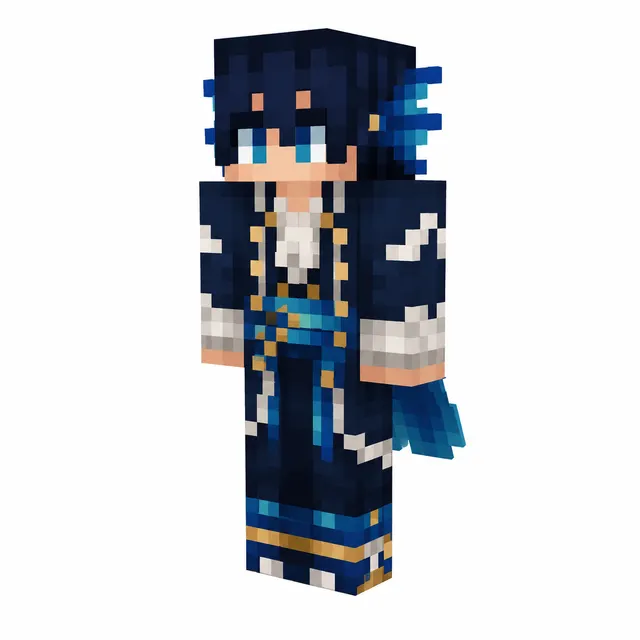 Blue-haired fantasy Minecraft skin in navy coat with gold trim and cyan sash, shown 3/4 view on white background.