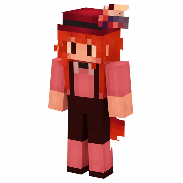 Minecraft skin of pink-clad character with red hat, long orange hair, dark overalls, and a small bird on the hat