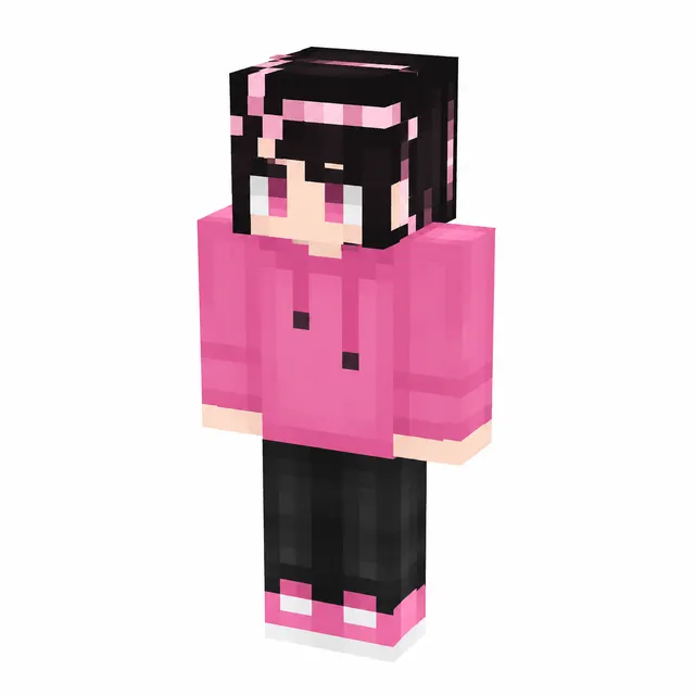 Minecraft-style character in a pink hoodie, black pants, and pink sneakers with black hair and pink highlights.