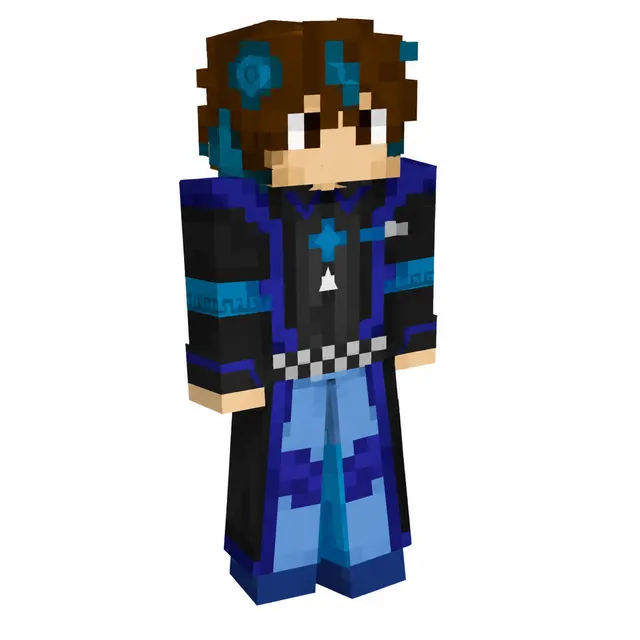 Blue-and-black mage Minecraft skin with star emblem and long coat, shown in a 3D preview.