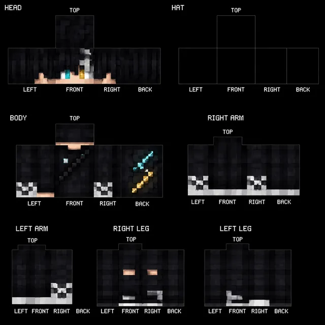 Dark hooded ninja Minecraft skin template with grey wraps and crossed cyan-gold blades