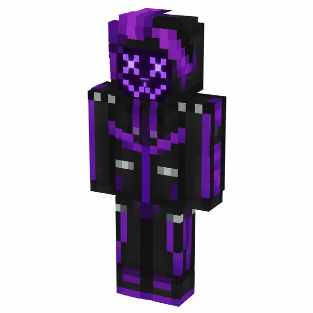Black and purple hooded Minecraft skin with glowing mask and neon accents