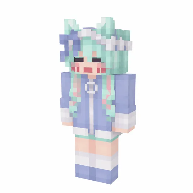 Pastel Minecraft skin of a mint-haired catgirl in blue hoodie dress with bow, braids, and thigh-high socks on white background.