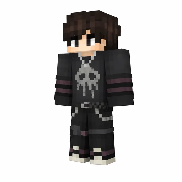 Goth Minecraft skin with dripping skull hoodie, dark hair, belts, and purple stripe accents on black outfit, 3D render on white background.
