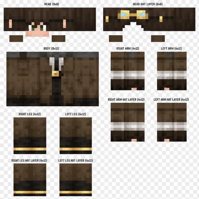 Steampunk explorer Minecraft skin template with brown coat, belt, and brass goggles.