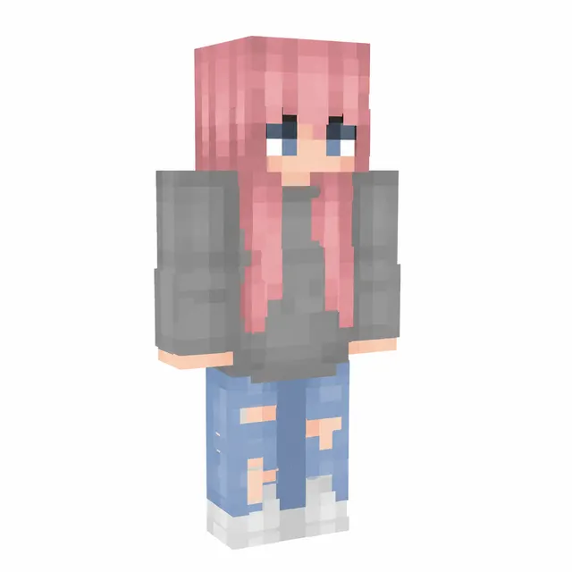Minecraft skin with long pink hair, gray hoodie, ripped blue jeans, and white sneakers on a white background.