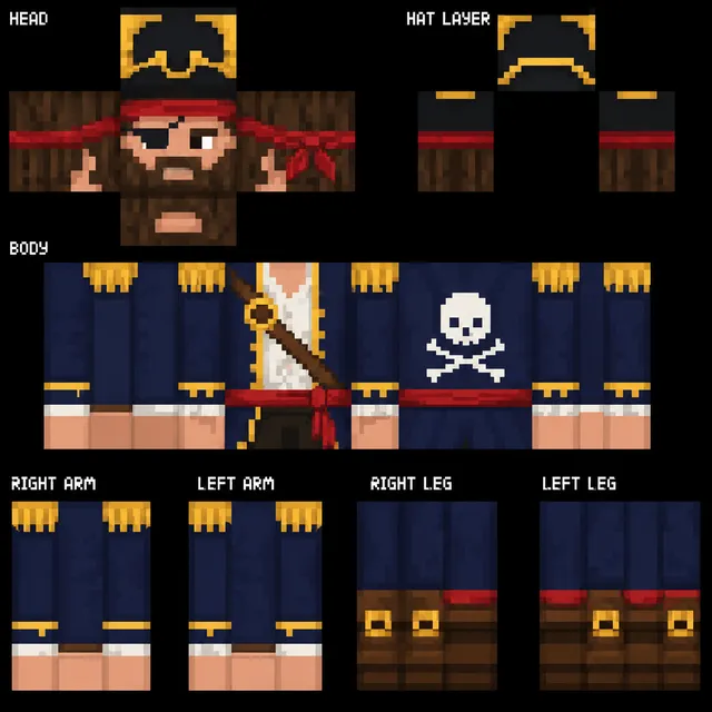 Minecraft pirate skin template with tricorn hat, eyepatch, navy coat, skull emblem, red sash, and brown boots.
