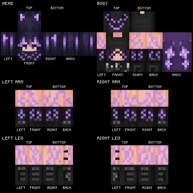 Minecraft skin template of a purple hooded rogue with glowing lilac runes, dark armor, and neon patterns on arms and back.