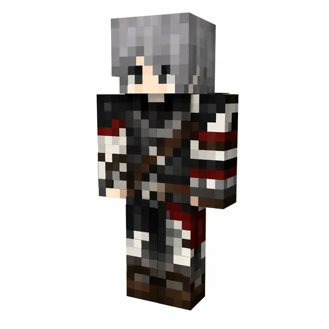 Minecraft skin of a gray-haired rogue in dark armor with red and white accents, cross-body straps, and brown boots, angled 3D preview.