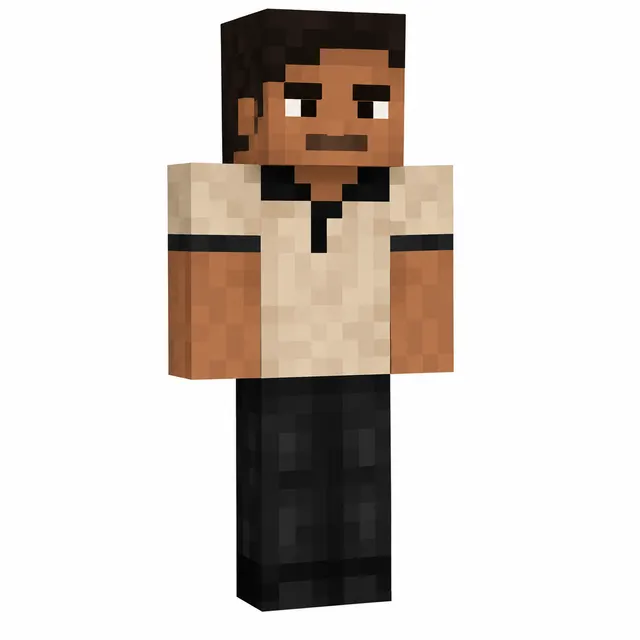 Minecraft skin with beige polo, black trim, black pants, short dark hair, and a mustache