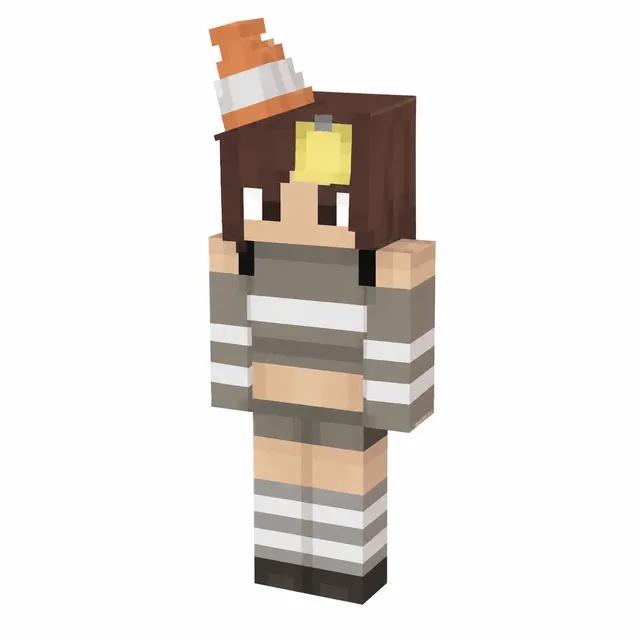 Minecraft skin with traffic cone hat, brown hair, and gray‑white striped outfit