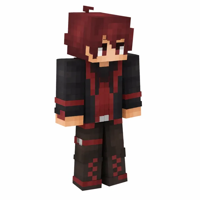 3D render of Minecraft skin with dark red hair, black jacket, and crimson accents on brown pants and boots, shown on white background.