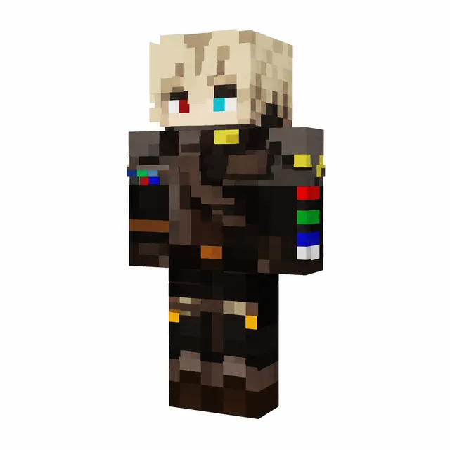 Minecraft skin of a blonde character with red and teal eyes in dark armor and colored sleeve bands, 3/4 view on white.