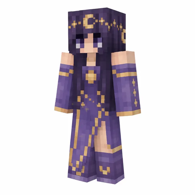 Purple and gold celestial mage Minecraft skin with crescent moon headband, long dark hair, and star details.