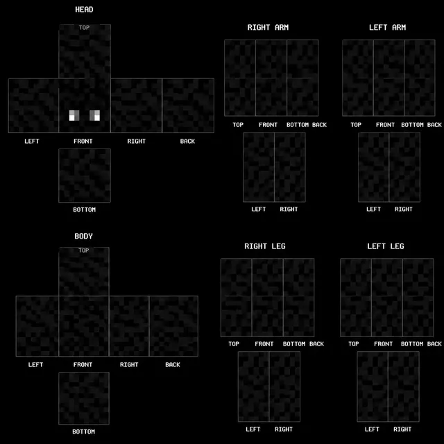 Dark Minecraft skin template with charcoal pixels and two glowing white eyes.