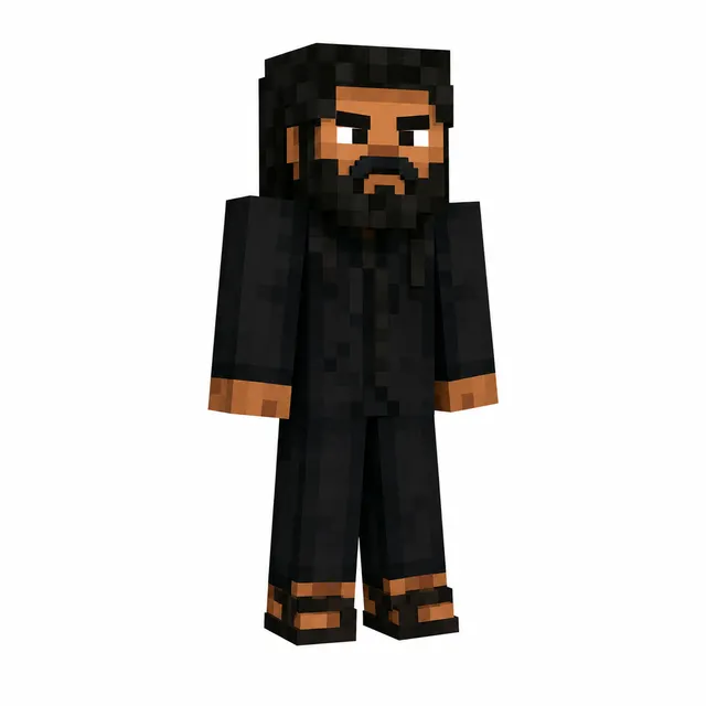 Bearded Minecraft skin in a black suit with long hair, three-quarter view on white background.