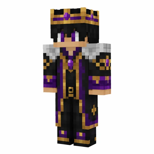 Minecraft skin of a crowned royal mage in black robe with purple and gold trim and silver mantle, front view.