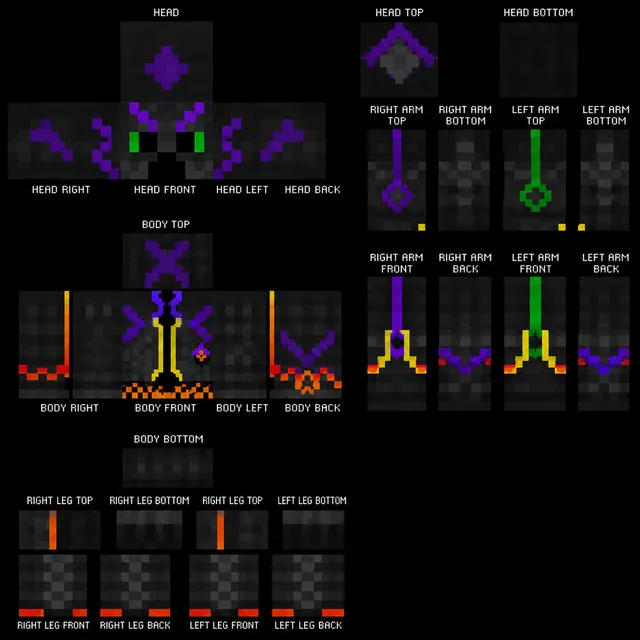 Dark Minecraft skin with neon purple runes, green eyes, and lava-orange trim on arms, torso, and legs.