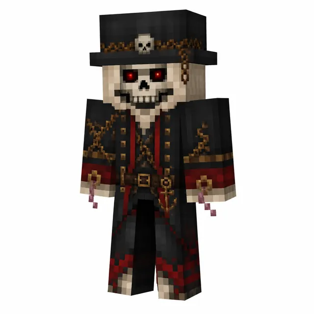 Skull-faced ringmaster Minecraft skin with top hat, red eyes, black coat, gold chains, and crimson accents.