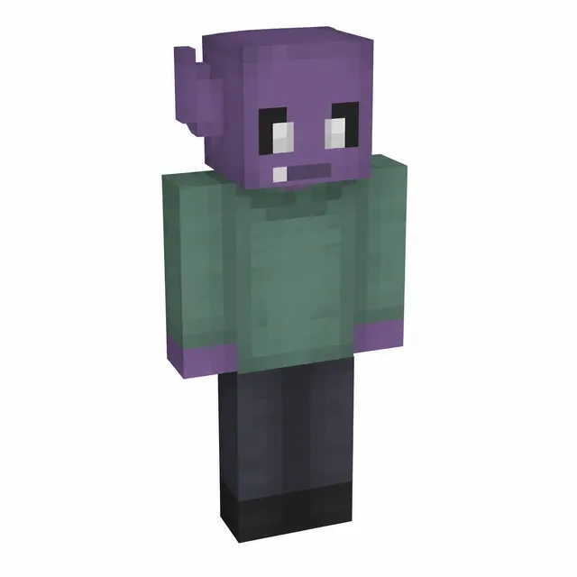 Minecraft-style purple alien wearing a teal hoodie and dark pants on a white background
