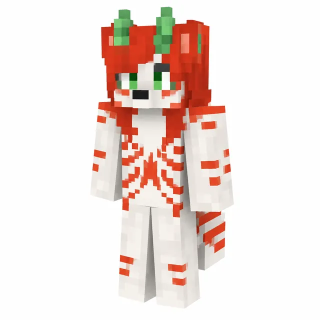 Minecraft skin of a white character with vivid red stripes, green horns, emerald eyes, and a striped tail in a neutral 3D pose.