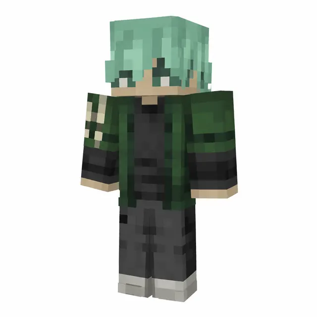 3D Minecraft skin preview with mint hair, green jacket, black tee, and gray pants.