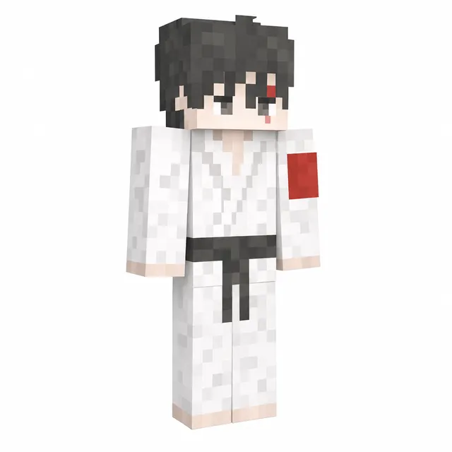 Minecraft skin: black-haired character in white gi with black belt and red sleeve patch, neutral pose on white background.