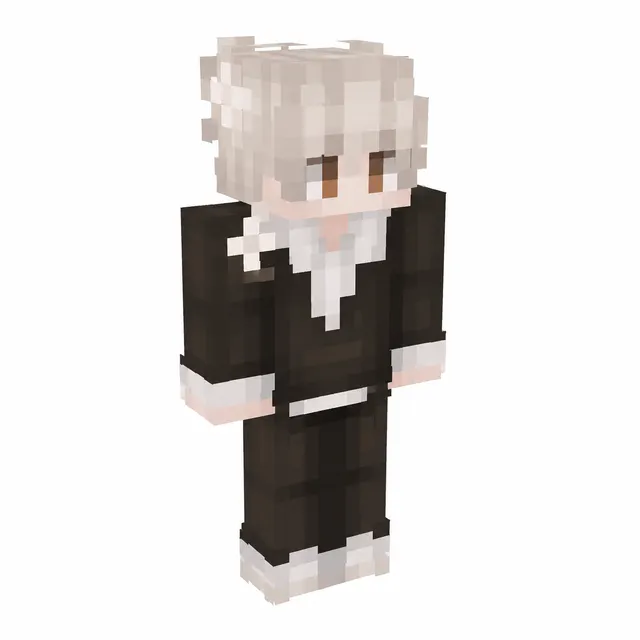 White-haired Minecraft skin in a charcoal suit with white trim, 3/4 view on white background