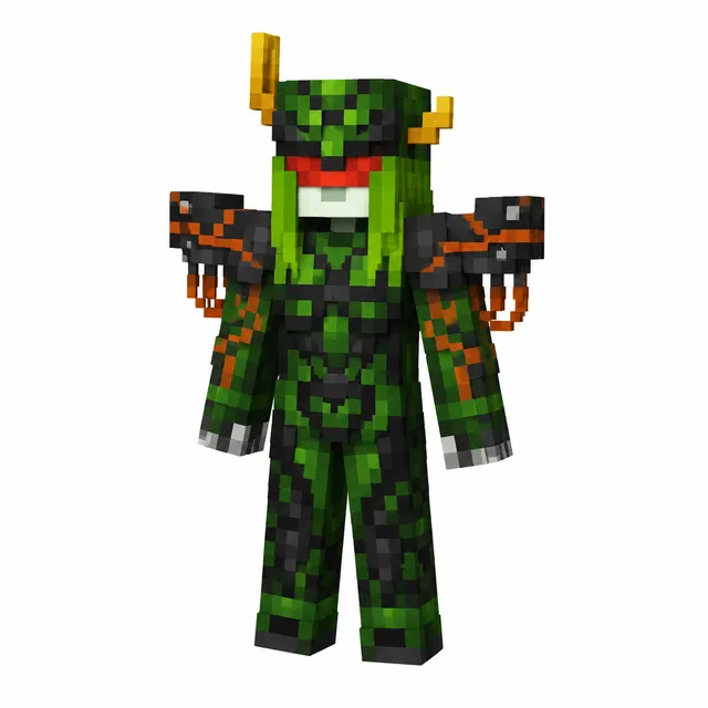 Green-black armored Minecraft skin with red visor, horned helmet, orange-cabled shoulders; front-facing 3D preview.