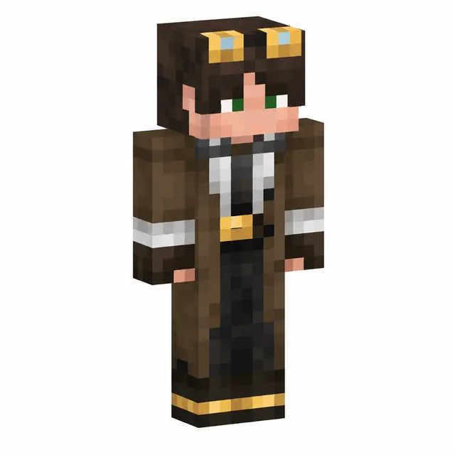 Steampunk Minecraft skin with brown coat, gold goggles, and black outfit in a three-quarter pose.