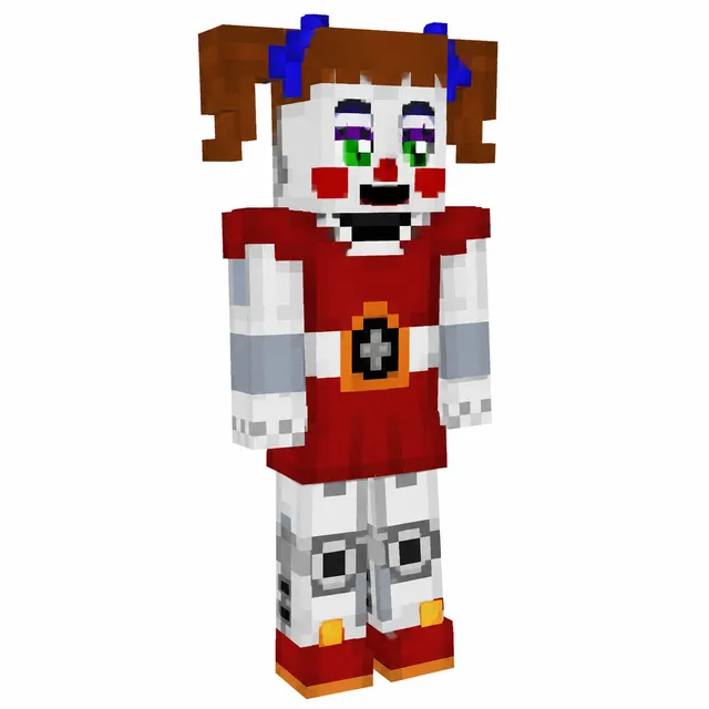 Minecraft skin of a white robot clown in a red dress with pigtails, red boots, and green eyes, standing in a neutral pose.