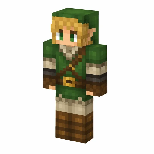 Minecraft elf adventurer skin in green tunic and hood with blond hair, 3D preview on white