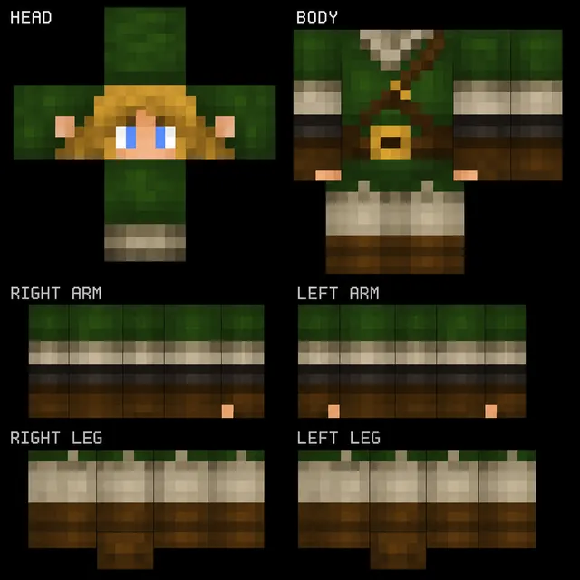 Minecraft skin template of a green-hooded ranger with blond hair, blue eyes, and brown boots.