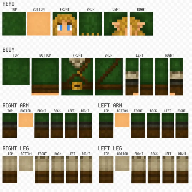 Elf ranger Minecraft skin template with green tunic, belt, bow strap, blonde hair, and brown boots