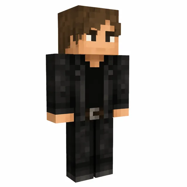 Brown-haired Minecraft character in black jacket, shirt, belt, and pants
