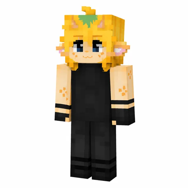 Cute cat-eared Minecraft skin with yellow hair, green tuft, and black sleeveless outfit.