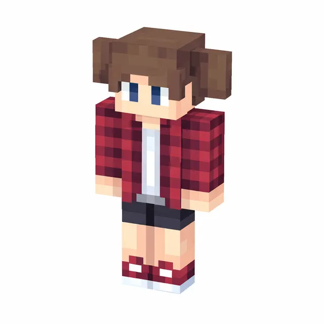 Minecraft-style skin with red plaid jacket, brown hair buns, blue eyes, black shorts, and red sneakers.