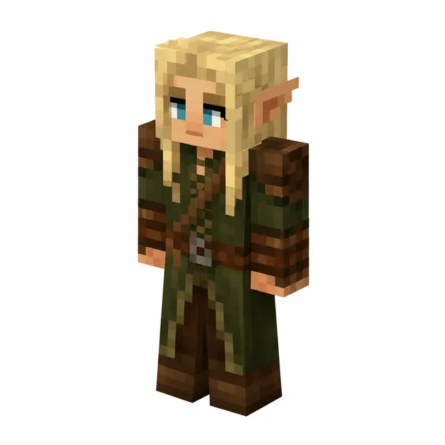 Minecraft elf ranger skin with blonde hair, blue eyes, green tunic and brown leather gear, three-quarter view.