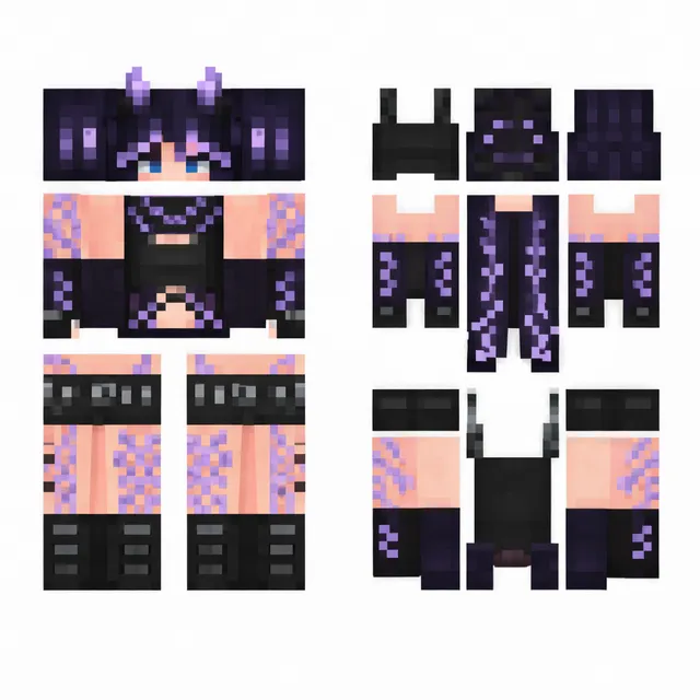 Purple and black horned character Minecraft skin with lace, belts, and thigh-high boots, shown as a 64x64 texture layout.