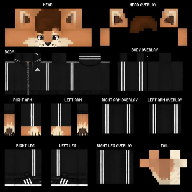 Fox Minecraft skin template in a black striped tracksuit with ears, paws, and tail.