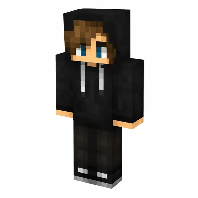 Minecraft skin: black hoodie boy with brown hair, blue eyes, dark pants, and gray shoes, standing in neutral 3D pose.