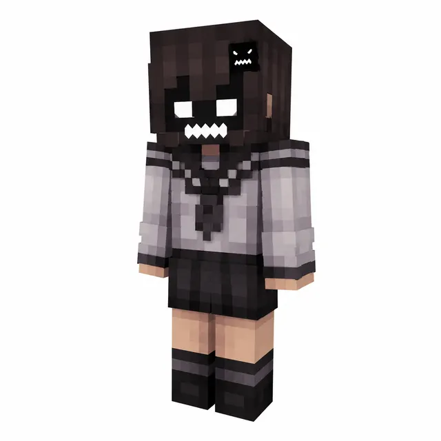 Minecraft skin of a masked student in gray sailor uniform, black skirt, dark hair, and striped knee socks.