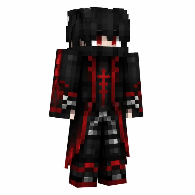 Masked black-and-red Minecraft skin with long coat, red eyes, and gothic accents.