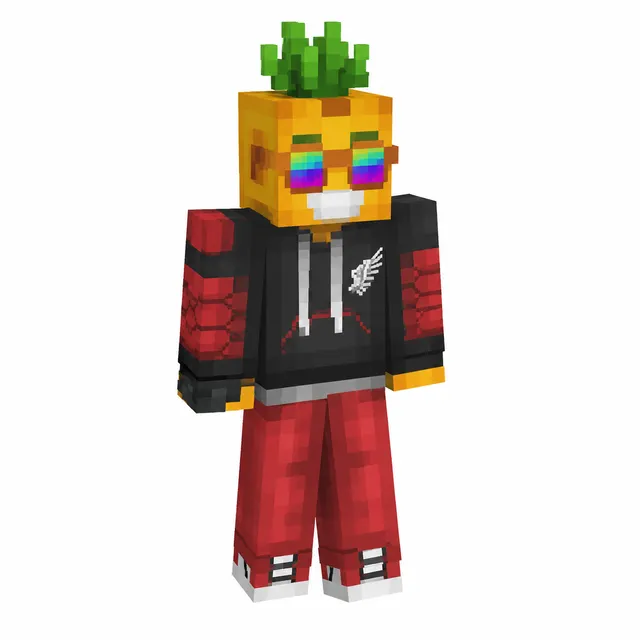Minecraft skin of a pineapple-head character in black hoodie, red pants, and rainbow sunglasses, 3D preview on white.