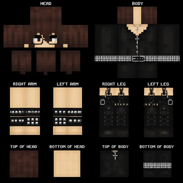 Minecraft skin texture: goth black jacket with chains, studded belt, brown hair, and glasses.
