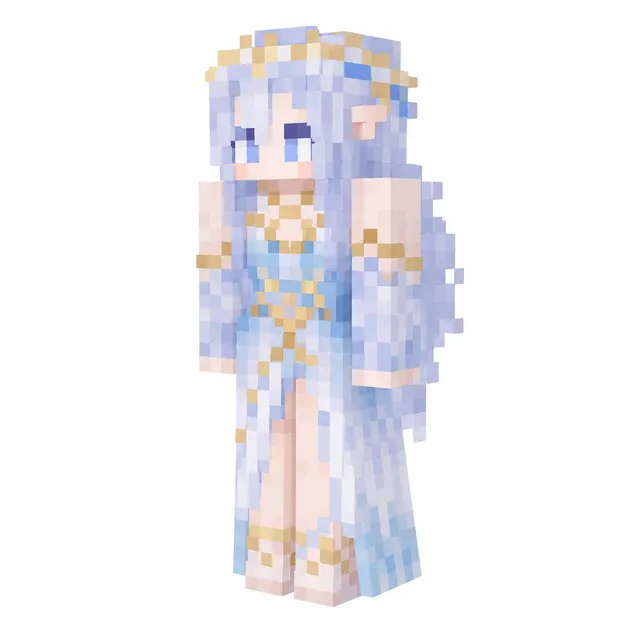 Minecraft skin of an elf princess in pastel blue gown with gold accents, long blue hair, and circlet, shown in 3/4 view on white background.