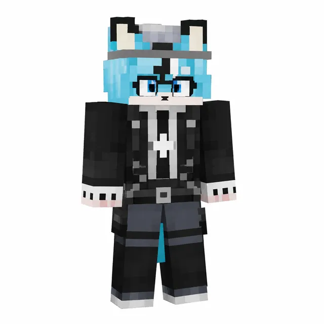 Blue-haired, fox-eared Minecraft skin in black techwear with glasses, front view on white