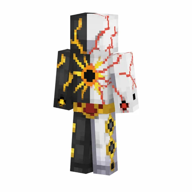 Split black-white Minecraft skin with eclipse chest, red veins, and gold accents in 3/4 view.