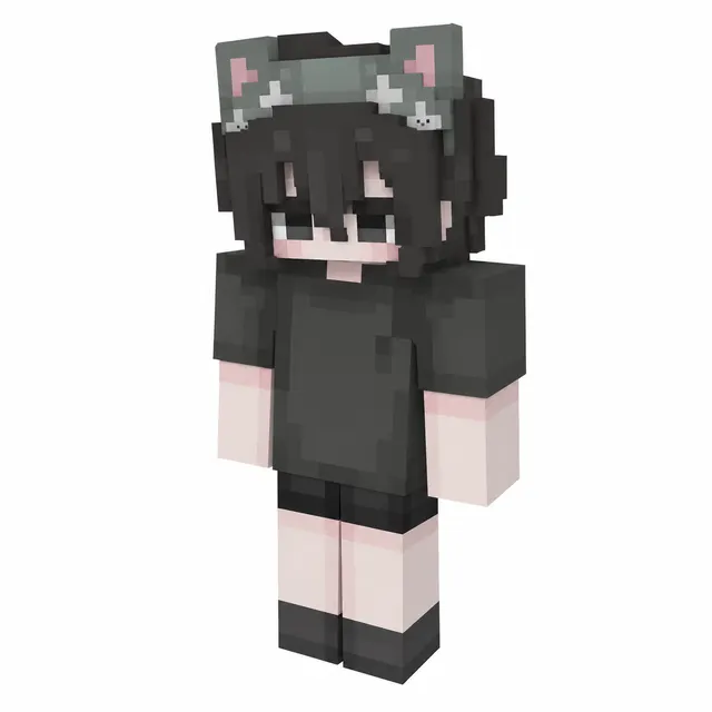 Minecraft skin with black hair, gray cat-ear headband, dark T-shirt, shorts, and boots in a 3/4 pose.